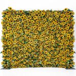 Sunflower flower wall backdrop with dense yellow blooms and green foliage, bright summer photo backdrop panel for parties and events.
