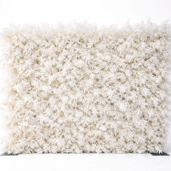 White foliage wall backdrop with layered leaf texture, elegant neutral photo backdrop panel for weddings and upscale event staging.