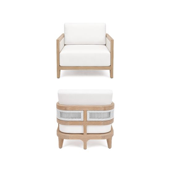 Modern outdoor lounge chair with natural wood frame, woven rope accents, and white cushion seating