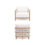 Modern outdoor lounge chair with natural wood frame, woven rope accents, and white cushion seating