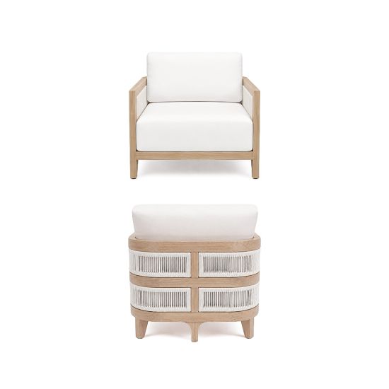 Modern outdoor lounge chair with natural wood frame, woven rope accents, and white cushion seating