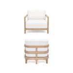 Modern outdoor lounge chair with natural wood frame, woven rope accents, and white cushion seating