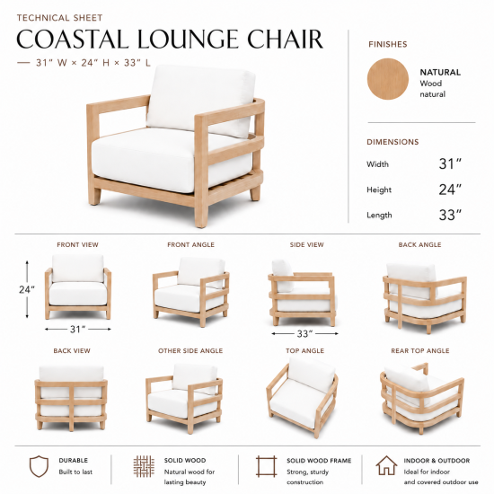 Modern outdoor lounge chair with natural wood frame, woven rope accents, and white cushion seating