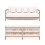 Modern outdoor sofa with natural wood frame, woven rope side panels, and white upholstered cushions