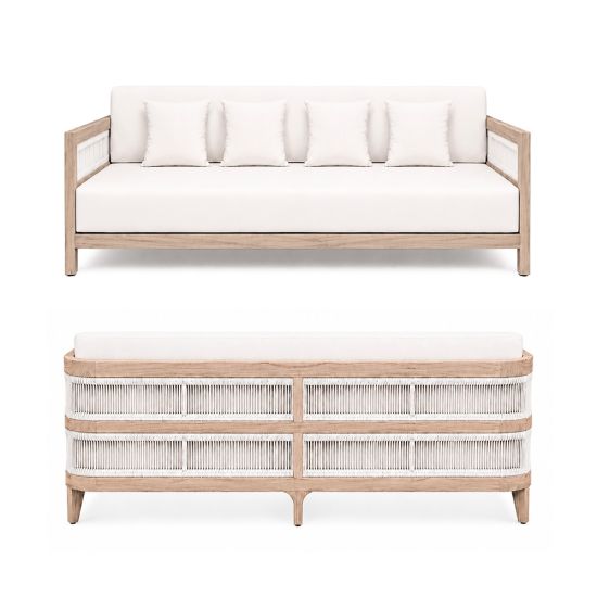Modern outdoor sofa with natural wood frame, woven rope side panels, and white upholstered cushions