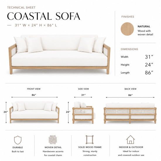 Modern outdoor sofa with natural wood frame, woven rope side panels, and white upholstered cushions