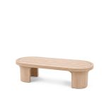 Contemporary oval outdoor coffee table crafted from natural wood with slatted tabletop design