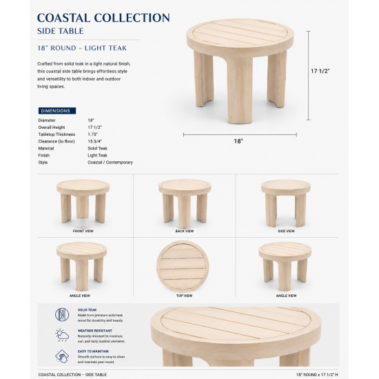 Round outdoor side table in natural wood with slatted top and cylindrical legs
