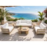 Modern outdoor lounge chair with natural wood frame, woven rope accents, and white cushion seating