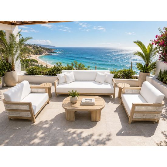 Modern outdoor lounge chair with natural wood frame, woven rope accents, and white cushion seating