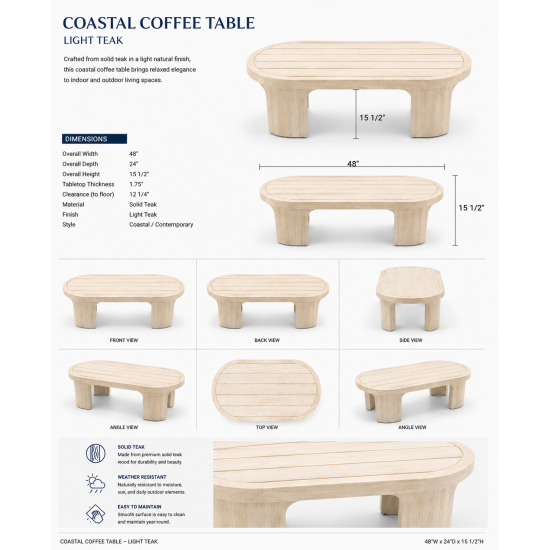 Contemporary oval outdoor coffee table crafted from natural wood with slatted tabletop design