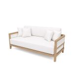 Modern outdoor sofa with natural wood frame, woven rope side panels, and white upholstered cushions
