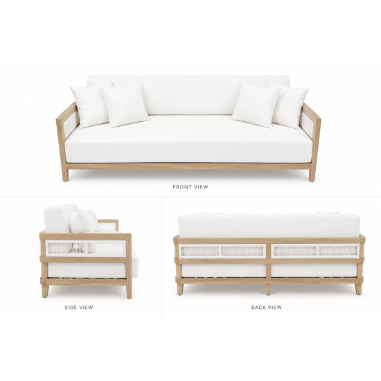 Modern outdoor sofa with natural wood frame, woven rope side panels, and white upholstered cushions