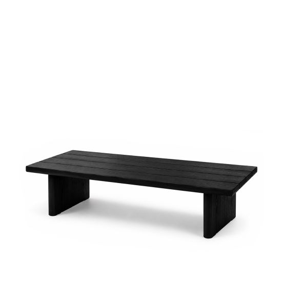 Contemporary rectangular outdoor coffee table crafted from black wood with slatted tabletop design