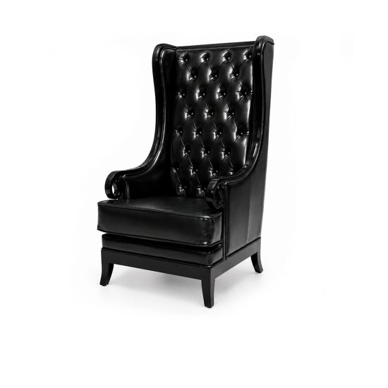 Empire armchair in black with tall wingback and button-tufted upholstery, elegant lounge chair rental for weddings and events.