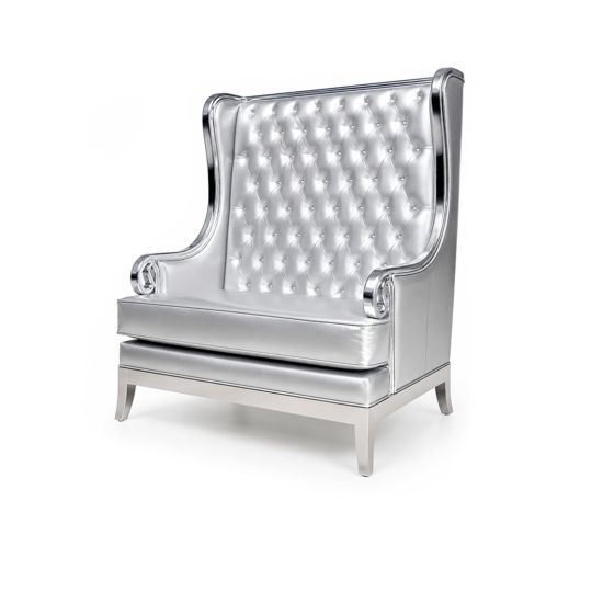 Empire loveseat in silver with tall wingback and button-tufted upholstery, elegant lounge seating rental for weddings and events.