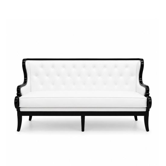 Empire sofa in white with black frame and vertical channel lines, modern lounge sofa rental for weddings and events.