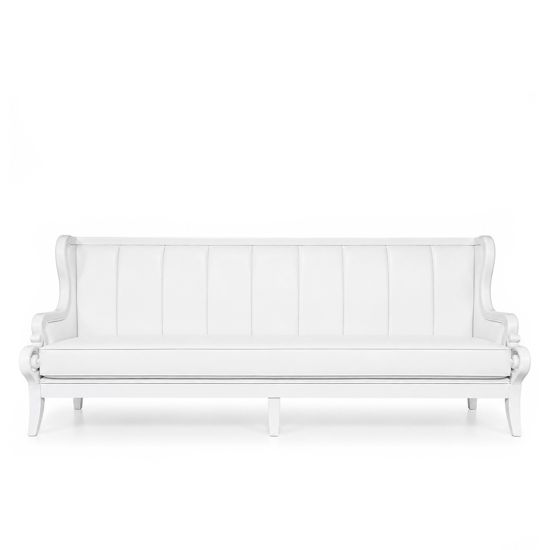 Empire sofa in white with vertical channel lines and clean modern silhouette, lounge sofa rental for weddings and events.