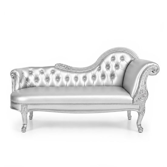 Silver Empress left-facing chaise lounge with tufted back and ornate frame, elegant lounge seating rental for weddings, galas, and events.