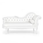 White Empress left-facing chaise lounge with tufted back and bolster pillow, elegant lounge seating rental for weddings, showers, and events.