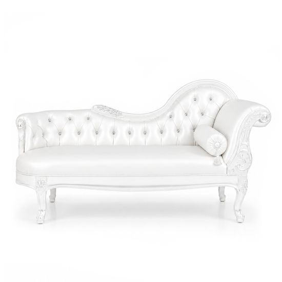 White Empress left-facing chaise lounge with tufted back and bolster pillow, elegant lounge seating rental for weddings, showers, and events.