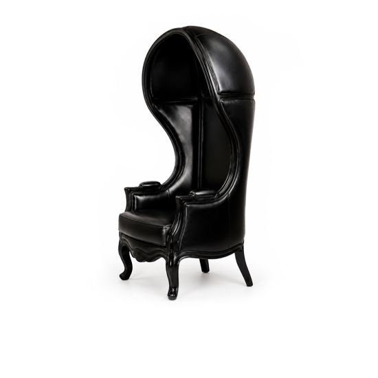 Black Empress dome armchair with tall canopy-style back and smooth upholstery, dramatic lounge chair rental for weddings and events.