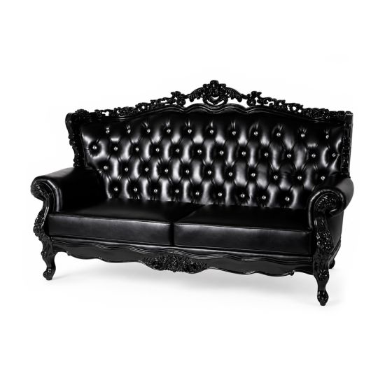 Black Empress tufted sofa with ornate carved frame and high back, elegant lounge seating rental for weddings, galas, and events.