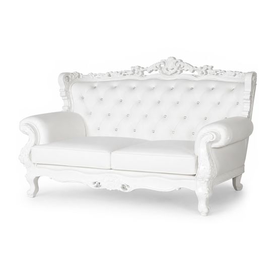 White Empress tufted sofa with ornate carved frame and high back, elegant lounge seating rental for weddings, showers, and events.