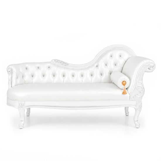 White Empress right-facing chaise lounge with tufted back and round accent pillow, elegant lounge seating rental for weddings and events.