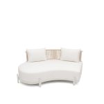Laguna Crescent left curved sofa with ivory upholstery, rope-woven backrest, white frame, and two accent pillows.