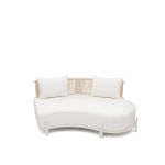 Laguna Crescent right curved sofa with ivory upholstery, rope-woven backrest, white frame, and two accent pillows.