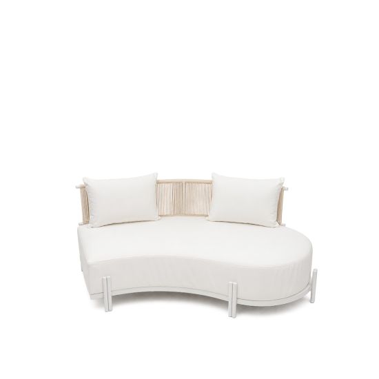 Laguna Crescent right curved sofa with ivory upholstery, rope-woven backrest, white frame, and two accent pillows.