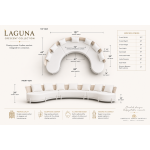 Laguna Crescent 3-piece curved sofa with ivory upholstery, rope-woven backrests, white frame, and seven accent pillows.