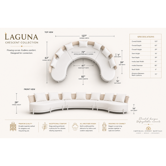 Laguna Crescent 3-piece curved sofa with ivory upholstery, rope-woven backrests, white frame, and seven accent pillows.