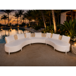 Laguna Crescent 3-piece curved sofa with ivory upholstery, rope-woven backrests, white frame, and seven accent pillows.