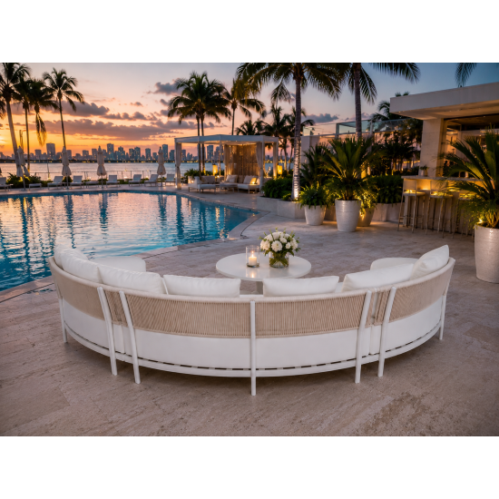 Laguna Crescent 3-piece curved sofa with ivory upholstery, rope-woven backrests, white frame, and seven accent pillows.