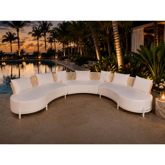 Laguna Crescent 3-piece curved sofa with ivory upholstery, rope-woven backrests, white frame, and seven accent pillows.