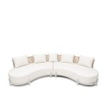 Laguna Crescent 2-piece curved sofa with ivory upholstery, rope-woven backrests, white frame, and five accent pillows.