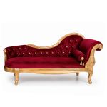 Monarch chaise lounge in red tufted upholstery with ornate gold frame and curved design, elegant chaise rental for weddings and events.