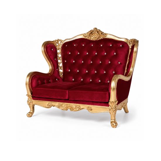 Monarch loveseat in red tufted upholstery with ornate gold frame and high back, luxury lounge seating rental for weddings and events.
