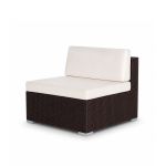 Mocha rattan armless chair with white cushion, modular outdoor sectional seating piece rental for weddings and lounge events.