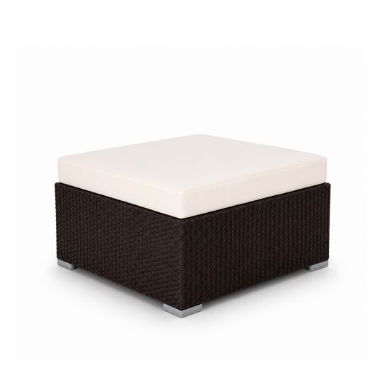 Mocha rattan ottoman with square woven base and white cushion top, outdoor lounge footrest or seat rental for events.