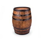 Rustic wooden barrel with metal bands and aged finish, western decor rental for events, photo setups, and cocktail styling.