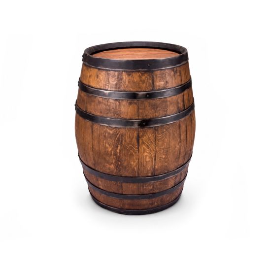 Rustic wooden barrel with metal bands and aged finish, western decor rental for events, photo setups, and cocktail styling.