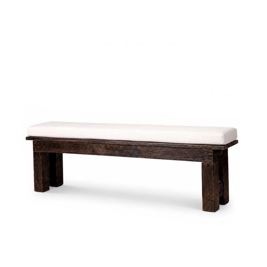 Rustic wooden bench with dark stained seat and sturdy legs, farmhouse bench rental for weddings, ceremonies, and events.