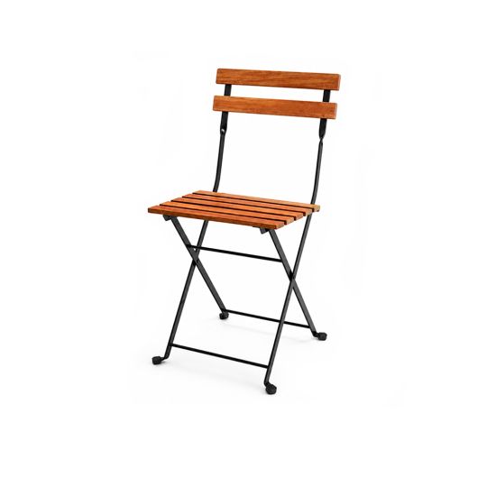 “Natural wood rustic bistro chair with curved slatted backrest and smooth wooden seat, stylish café-style event seating”