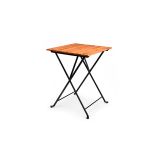 Rustic bistro table with square wood top and black folding metal legs, cocktail table rental for outdoor events and rustic weddings.