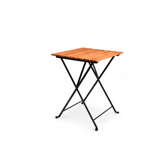 Rustic bistro table with square wood top and black folding metal legs, cocktail table rental for outdoor events and rustic weddings.