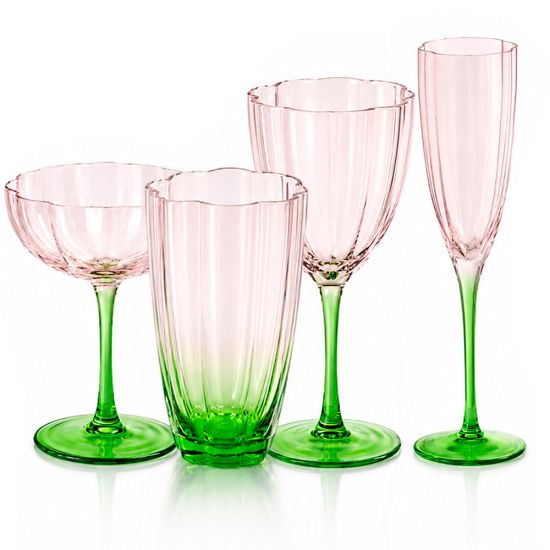 Tulip Flower pink and green water goblet with a ribbed body and scalloped rim, perfect for weddings, luxury events, and elegant table décor.