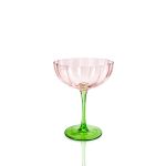 Tulip Flower pink champagne coupe with a green stem and fluted glass bowl, ideal for cocktails, champagne, weddings, and luxury event décor.